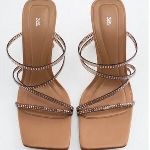 ZARA HEELED SANDALS WITH RHINESTONE Tan Sandals with Transparent Straps.9us/40